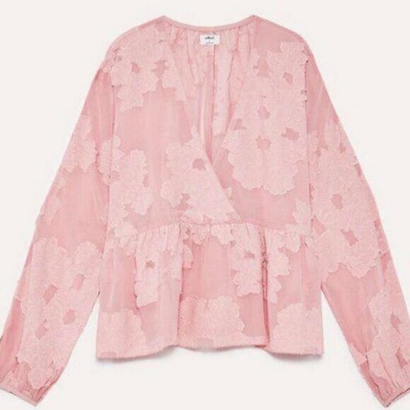 Aritzia Wilfred Pink Sheer Floral Distressed Blouse Peplum Augustine Size Large - Picture 1 of 15